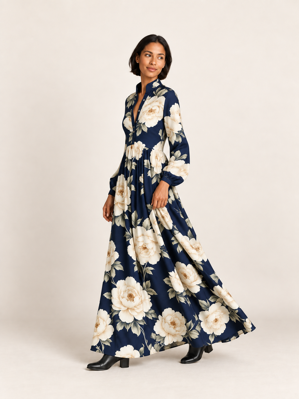 Printed Button-Front Maxi Dress in Navy Blue — side movement view