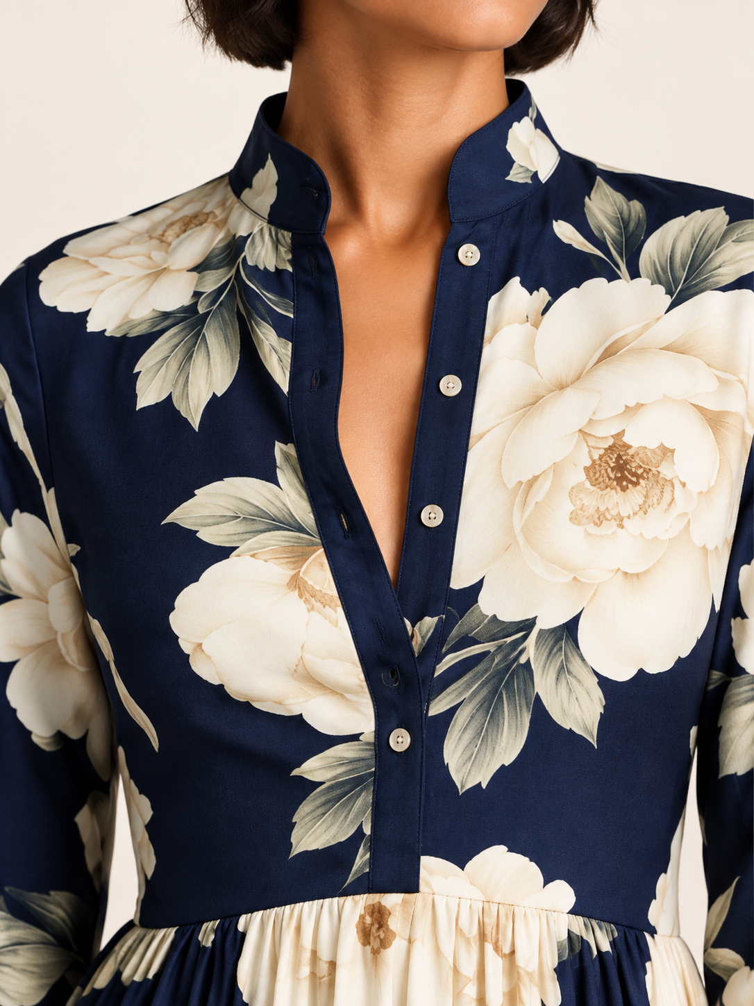 Printed Button-Front Maxi Dress in Navy Blue — detail view