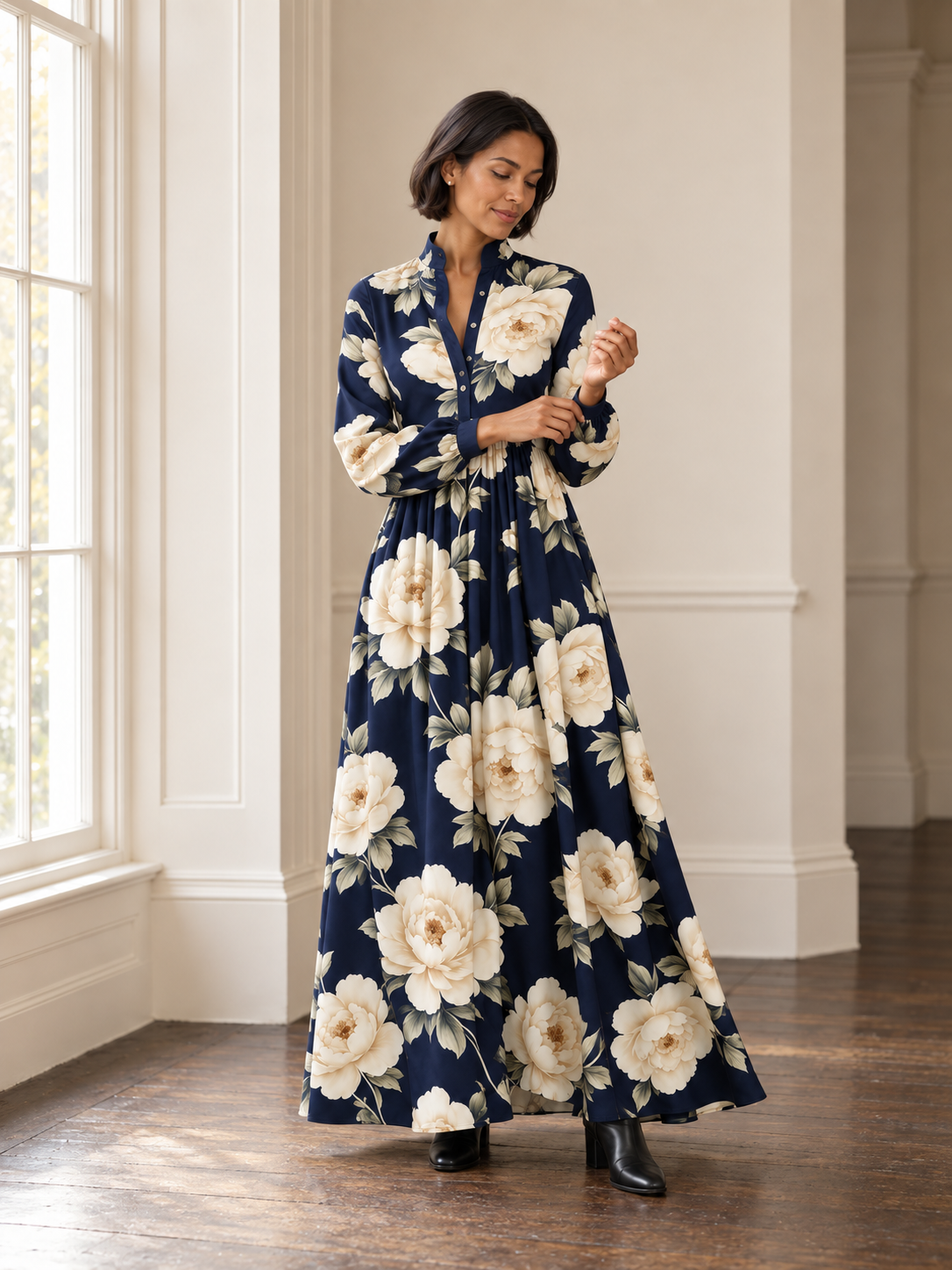 Printed Button-Front Maxi Dress in Navy Blue — lifestyle view