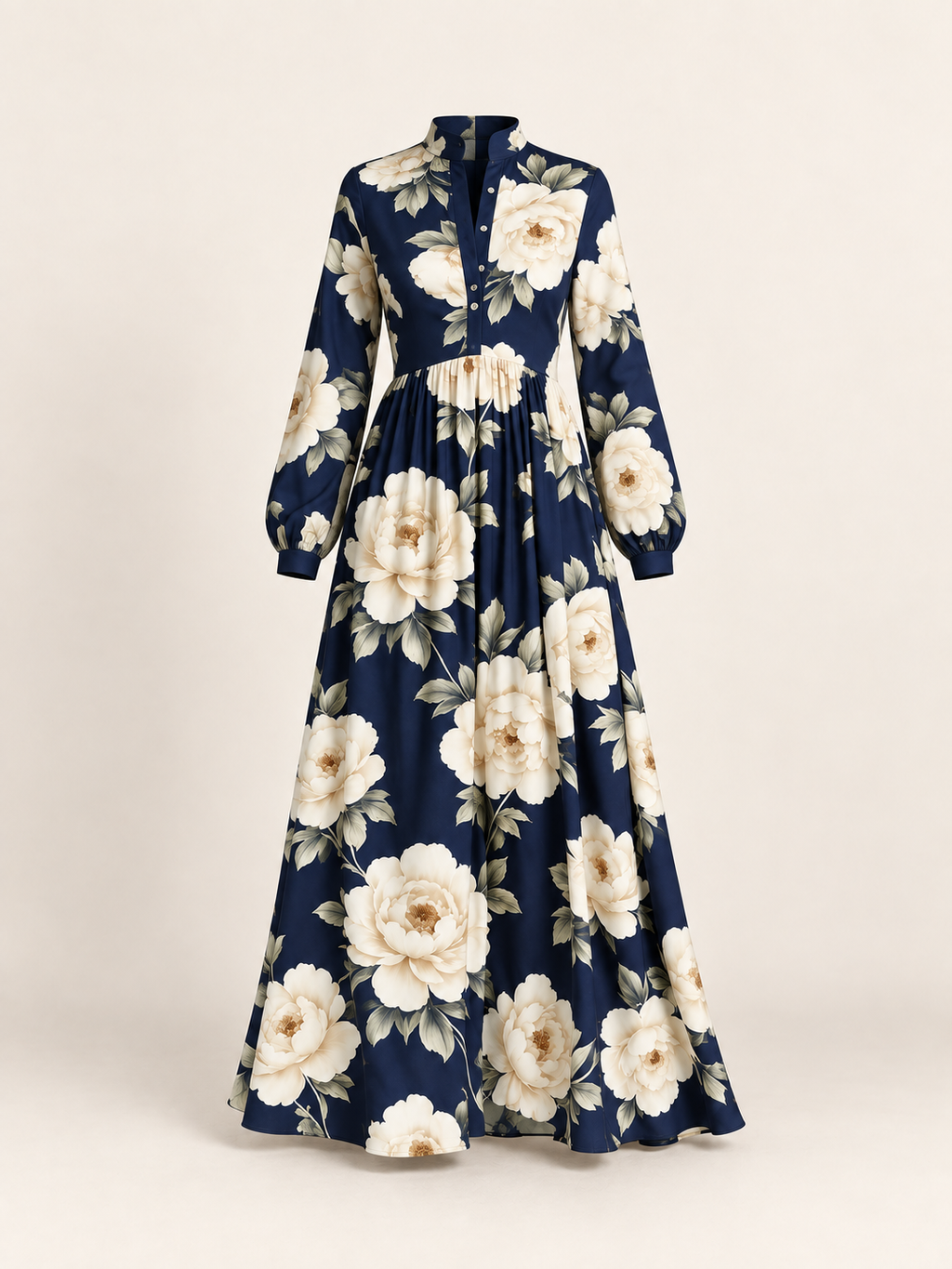 Printed Button-Front Maxi Dress in Navy Blue — garment only view