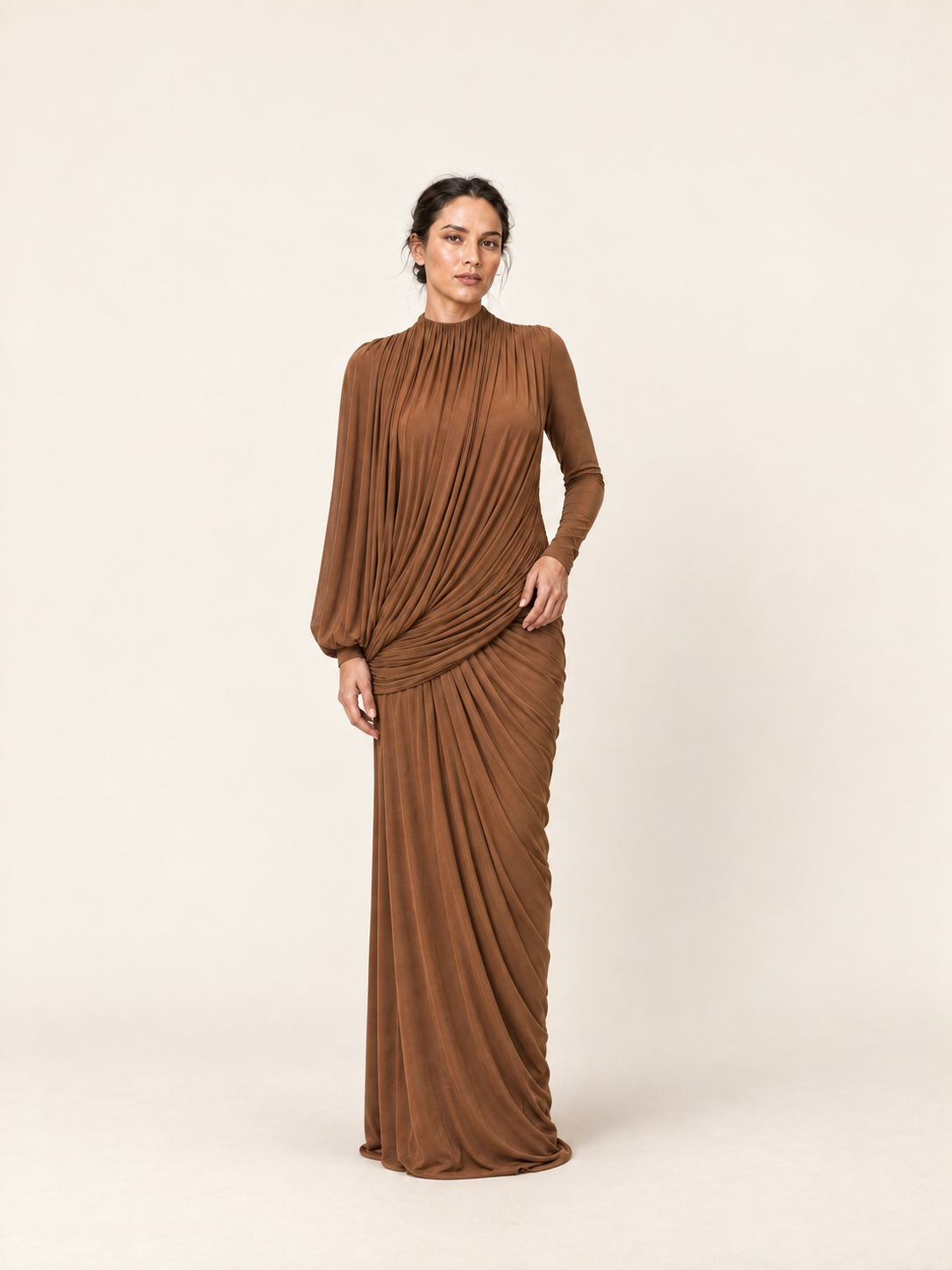 Brown ruched draped high neck maxi dress, front view