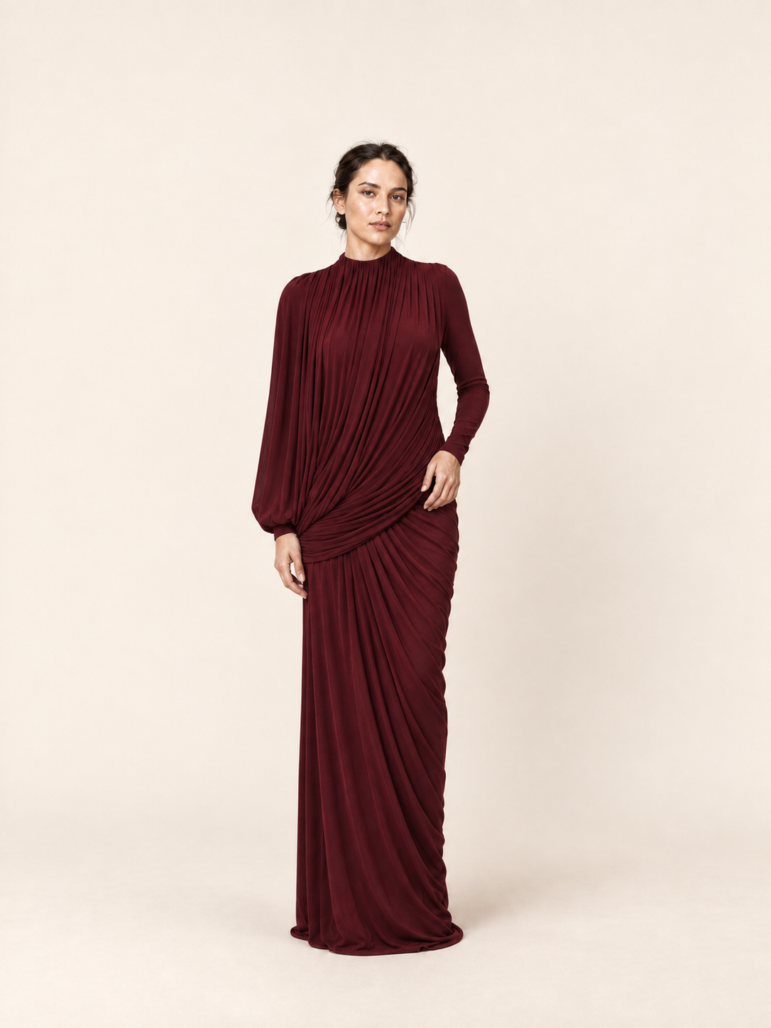 Burgundy ruched draped high neck maxi dress, front view