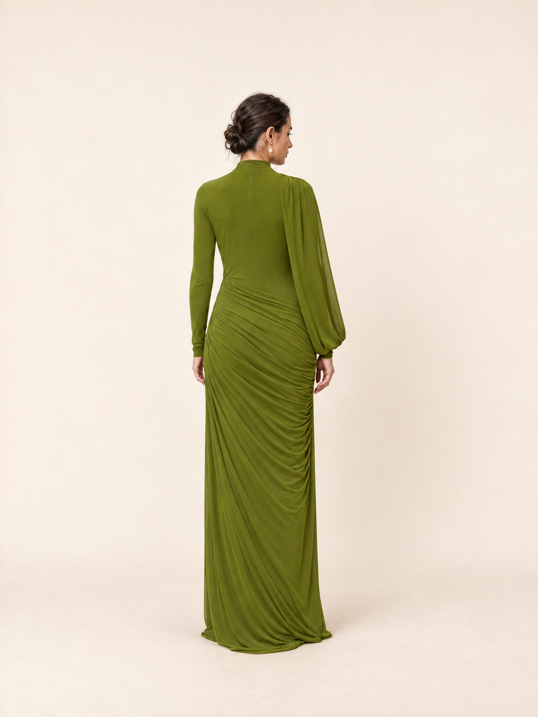 Green ruched draped high neck maxi dress, back view