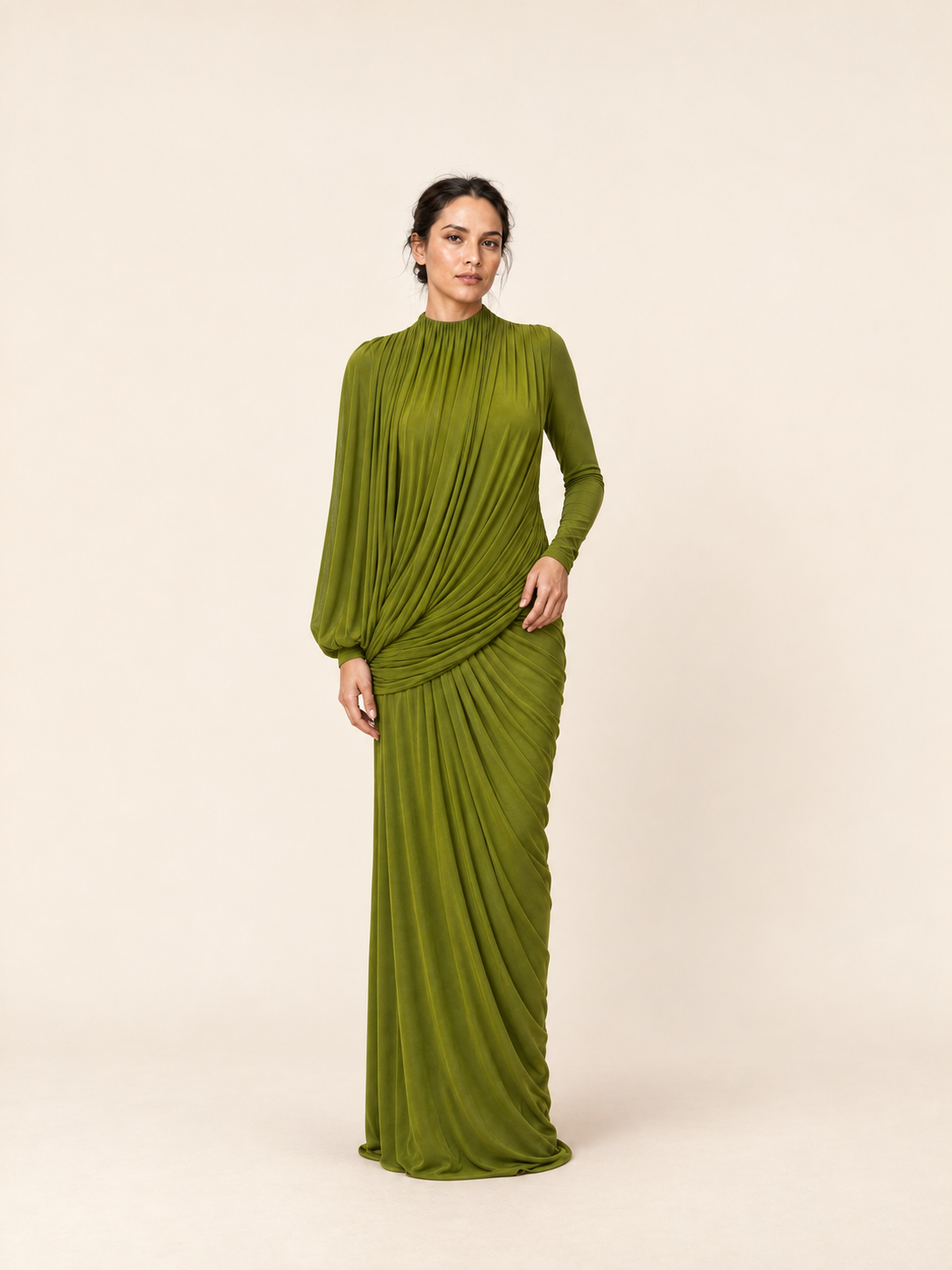Green ruched draped high neck maxi dress, front view