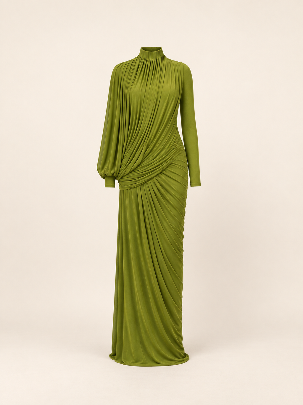 Green ruched draped high neck maxi dress, ghost flat view