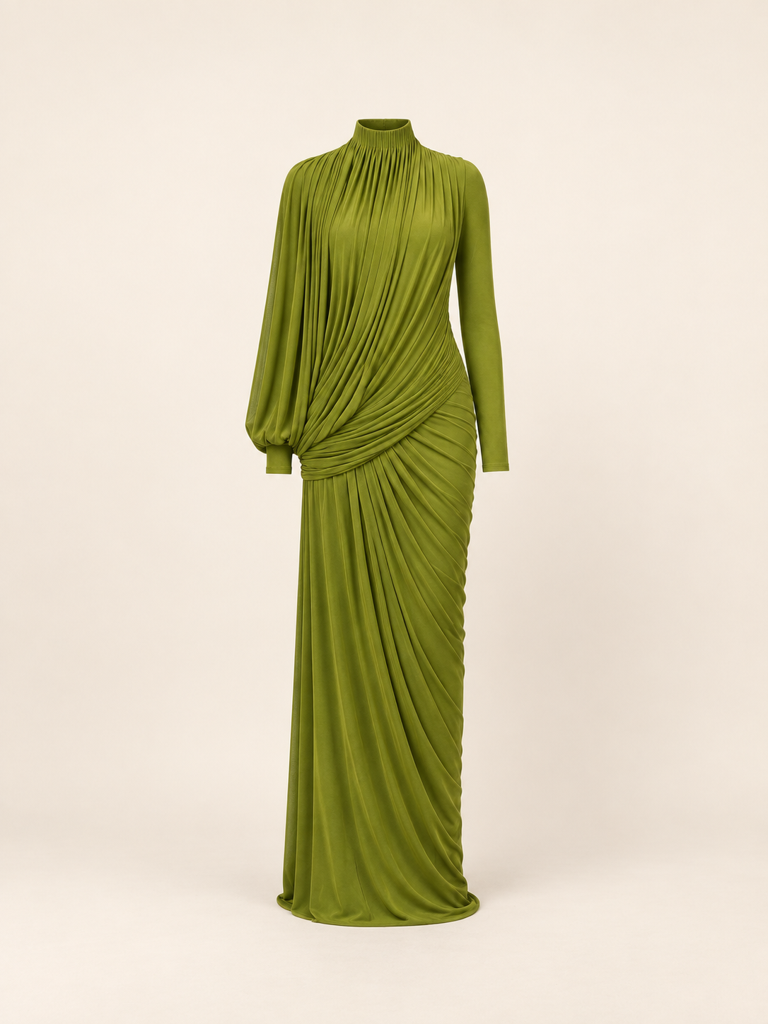 Green ruched draped high neck maxi dress, ghost flat view