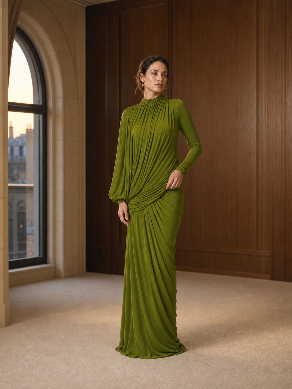 Green ruched draped high neck maxi dress, lifestyle view
