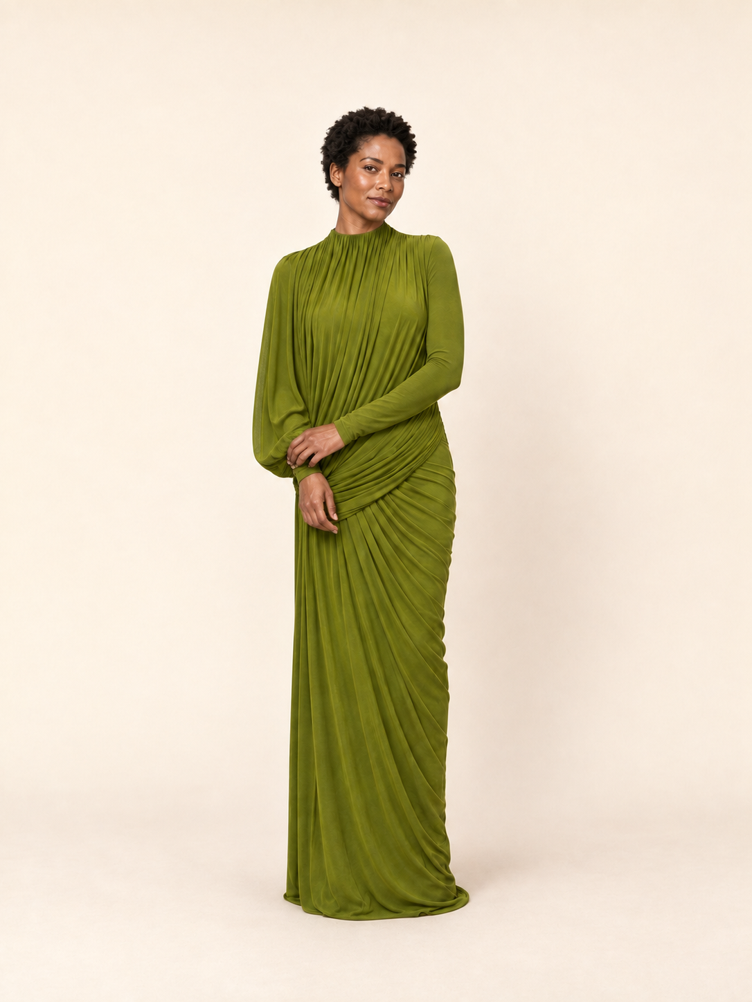 Green ruched draped high neck maxi dress, second model view