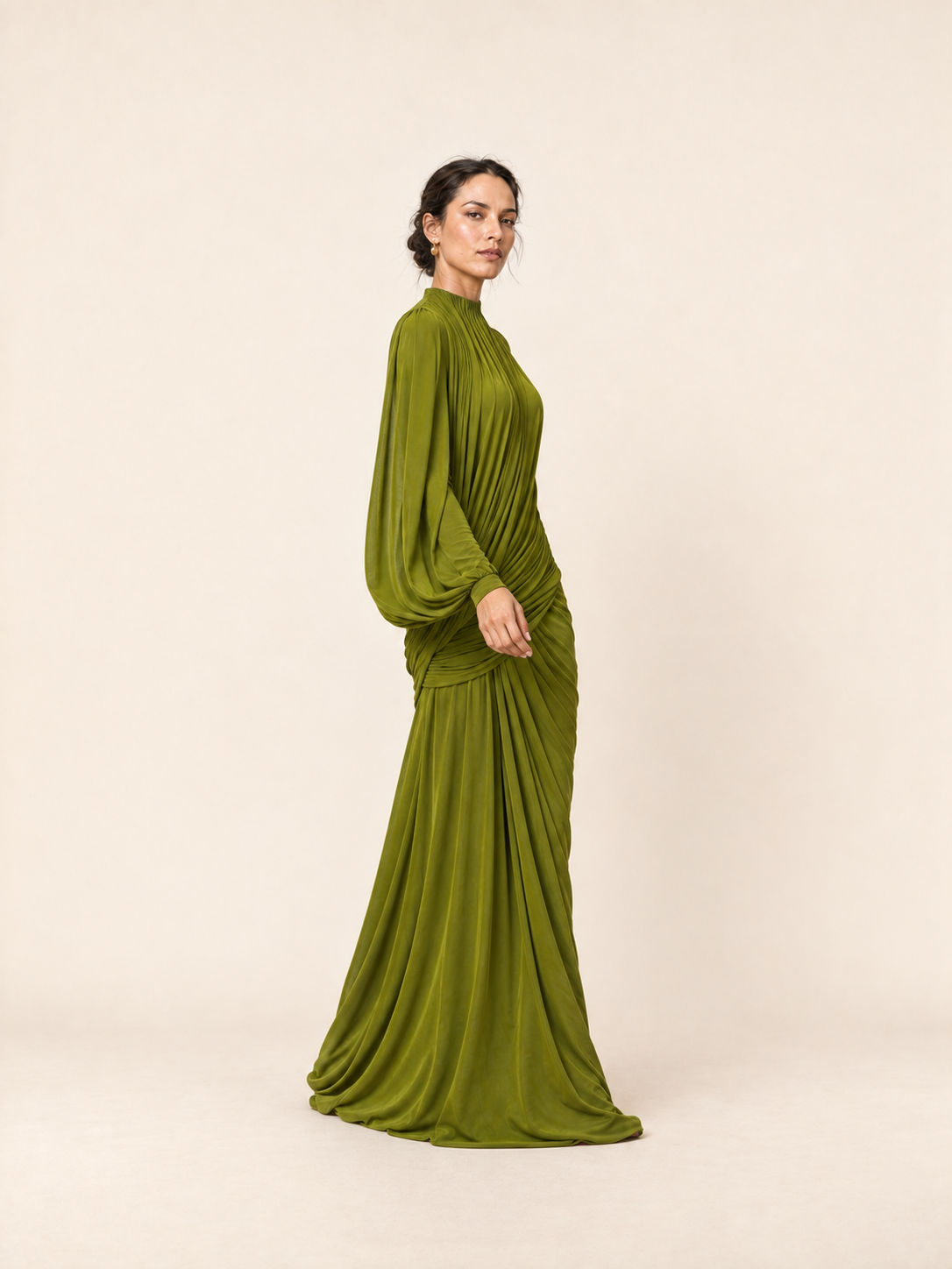 Green ruched draped high neck maxi dress, side movement view