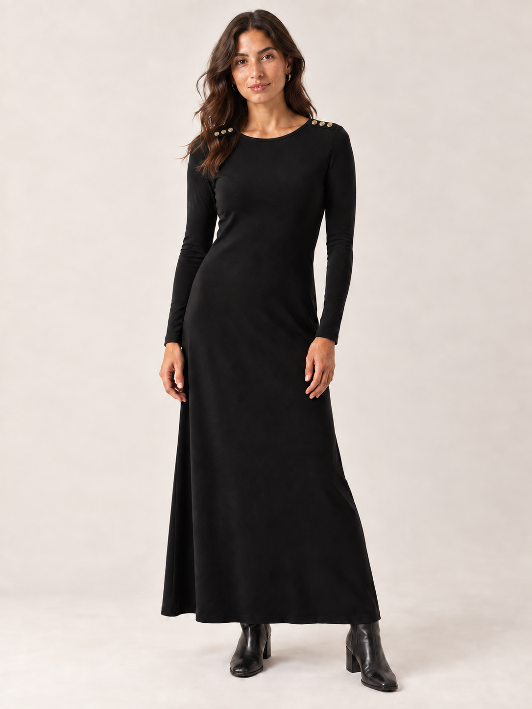 Black organic cotton button maxi dress, front view with buttons on both shoulders