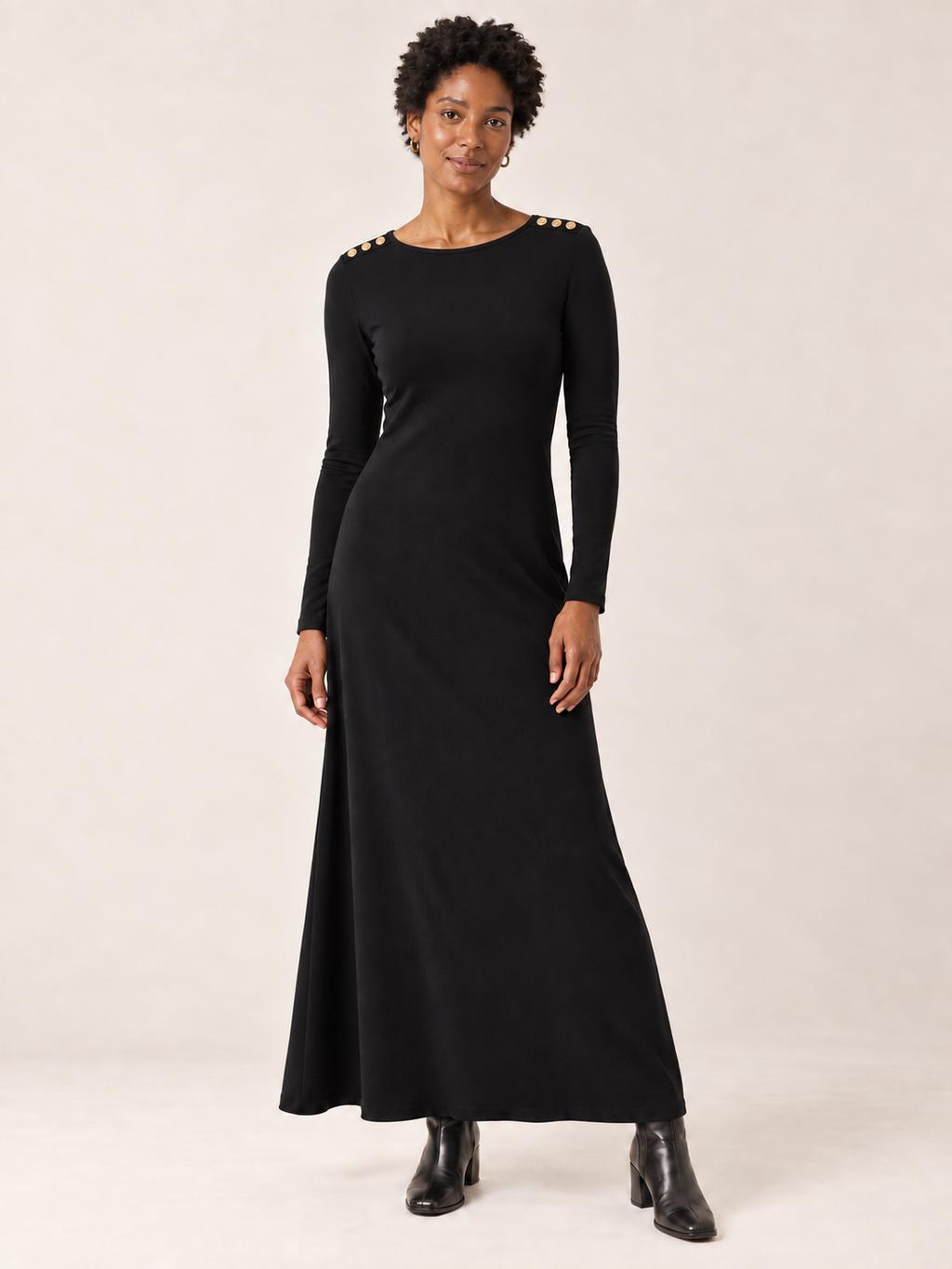 Black organic cotton button maxi dress, second model front view with buttons on both shoulders