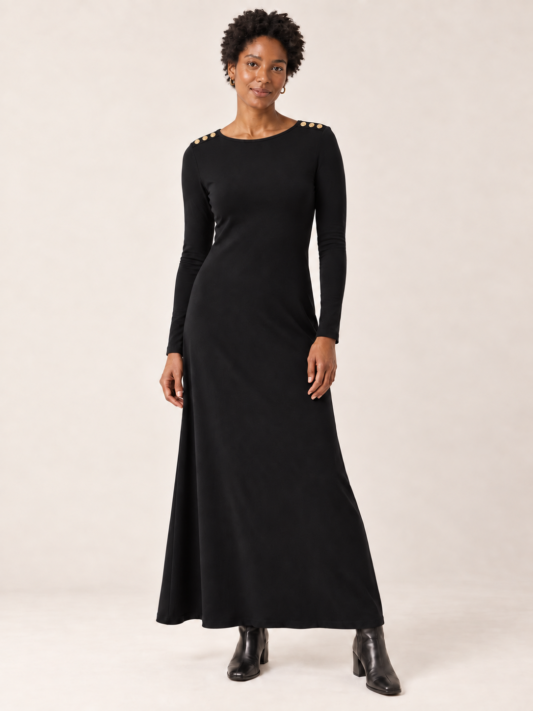 Black organic cotton button maxi dress, second model front view with buttons on both shoulders