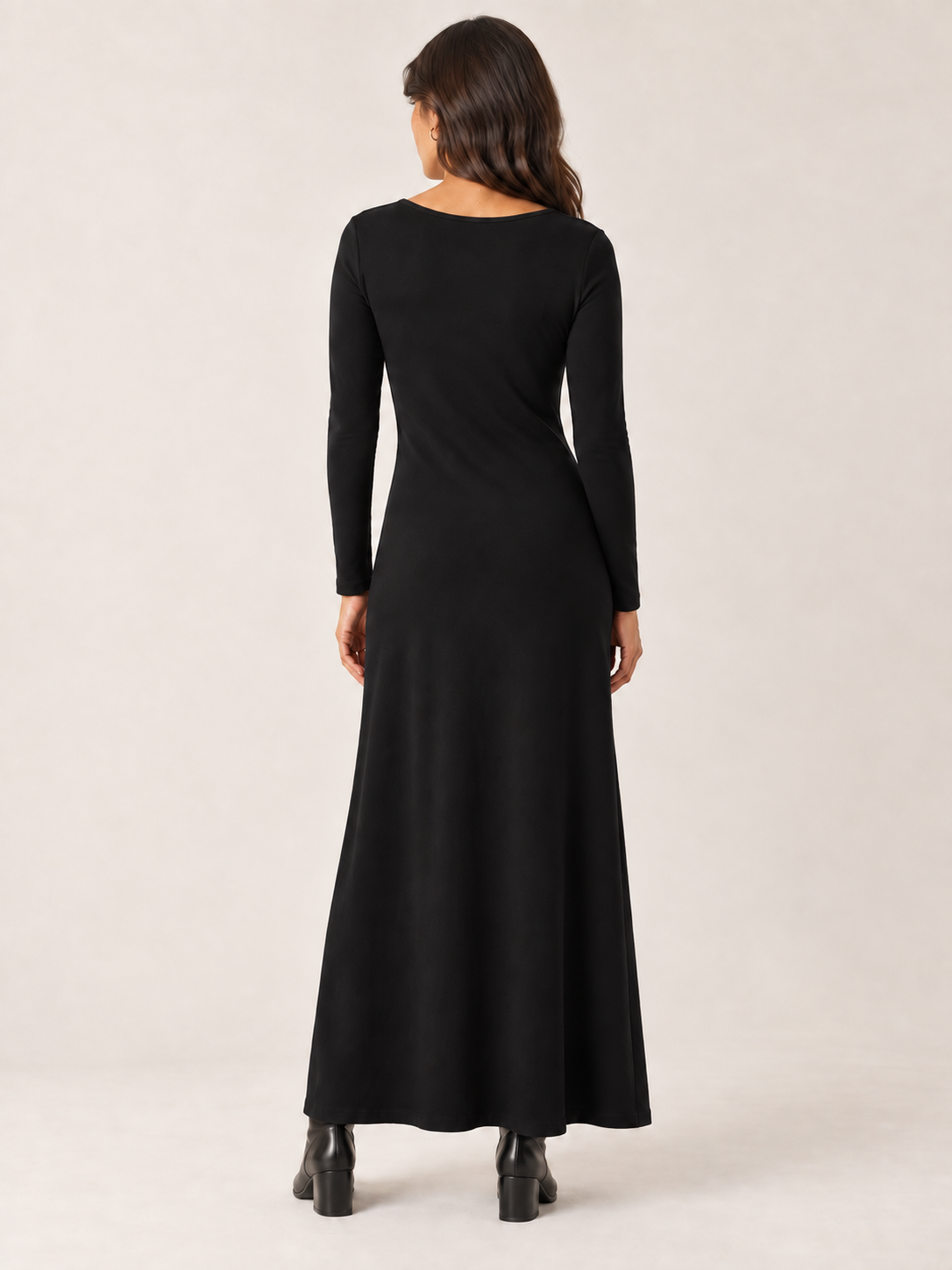 Black organic cotton button maxi dress, back view