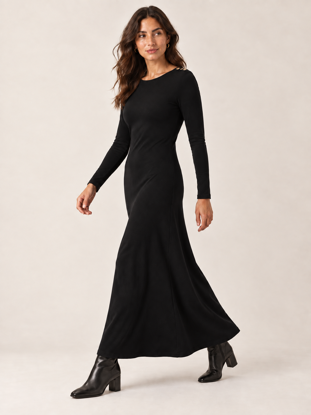Black organic cotton button maxi dress, side movement view