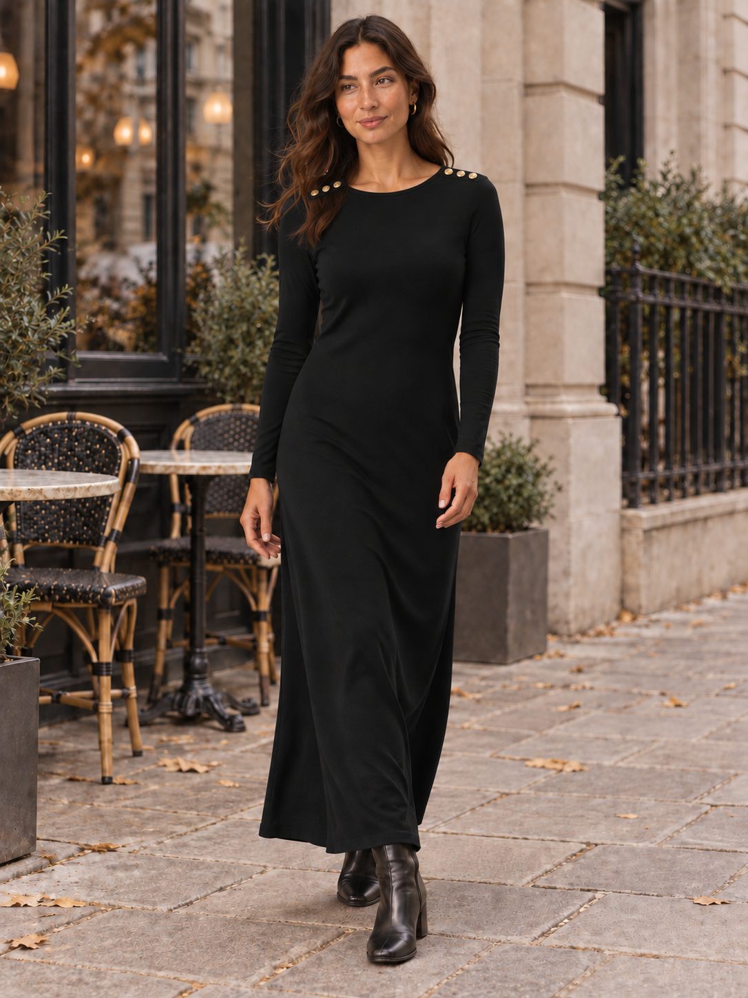 Black organic cotton button maxi dress, lifestyle view with buttons on both shoulders
