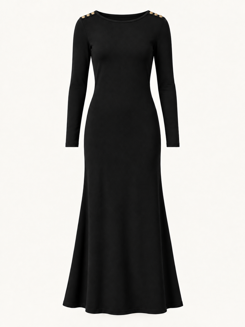 Black organic cotton button maxi dress, ghost product view with buttons on both shoulders