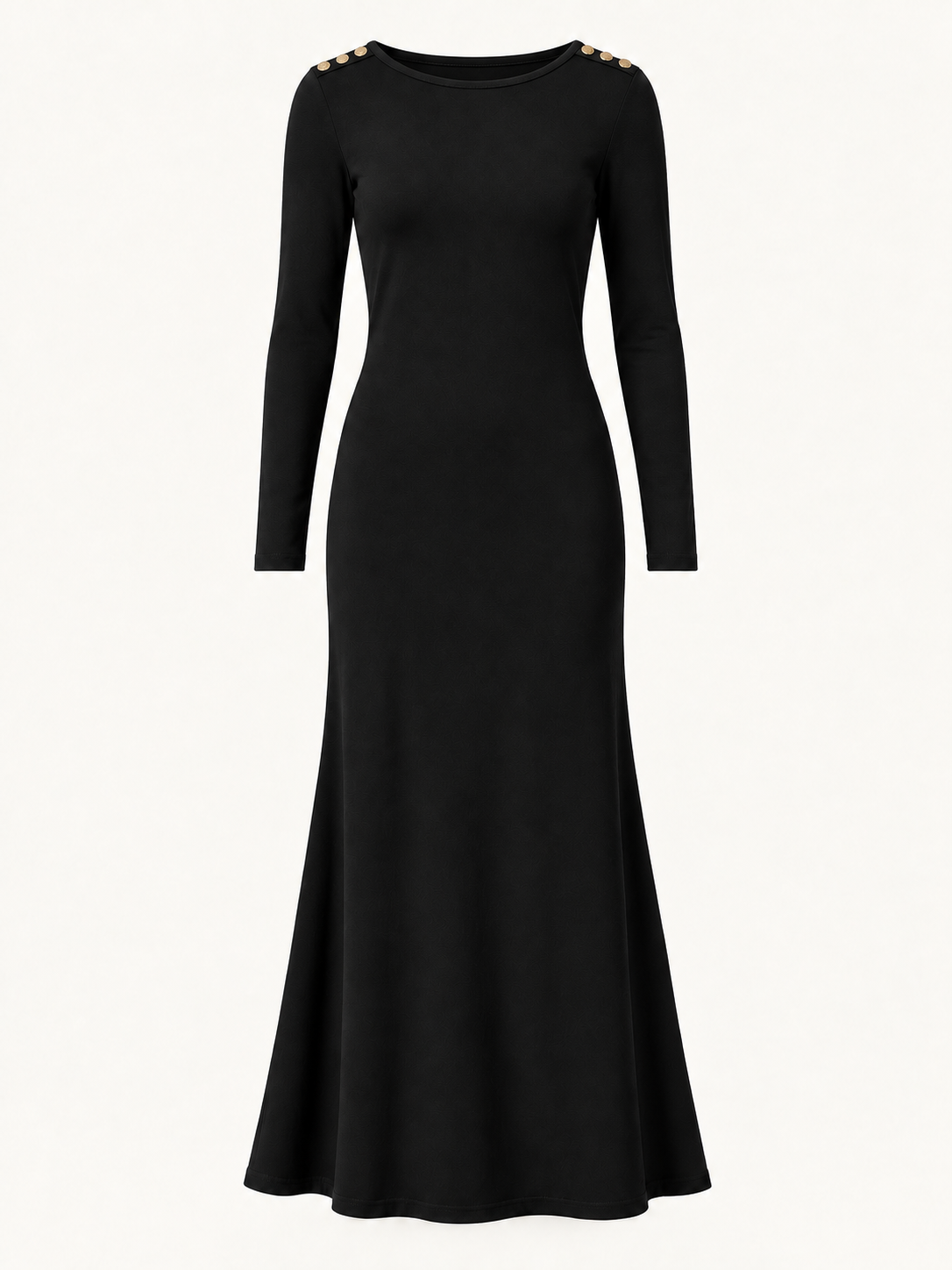 Black organic cotton button maxi dress, ghost product view with buttons on both shoulders