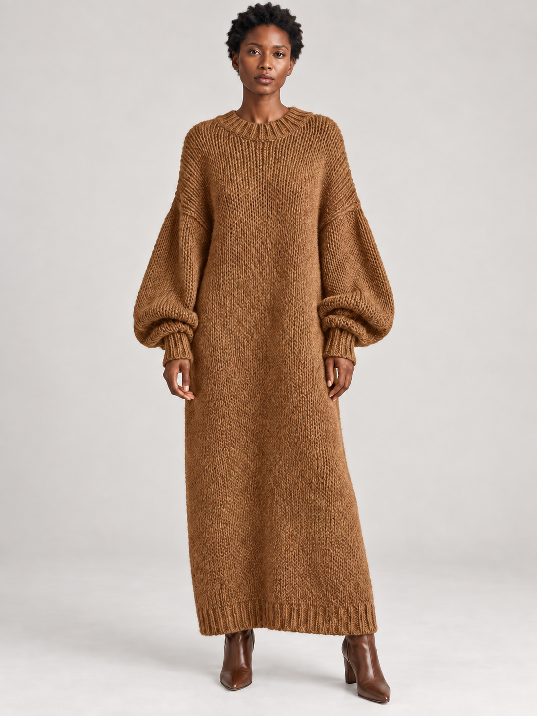 Oversized Knit Maxi Dress — brown — 01-front