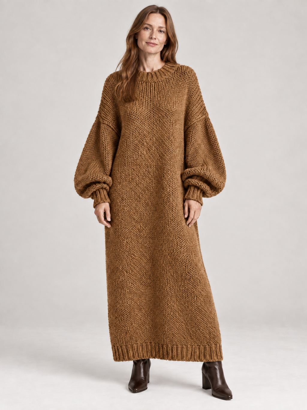 Oversized Knit Maxi Dress — brown — 01b-second-model