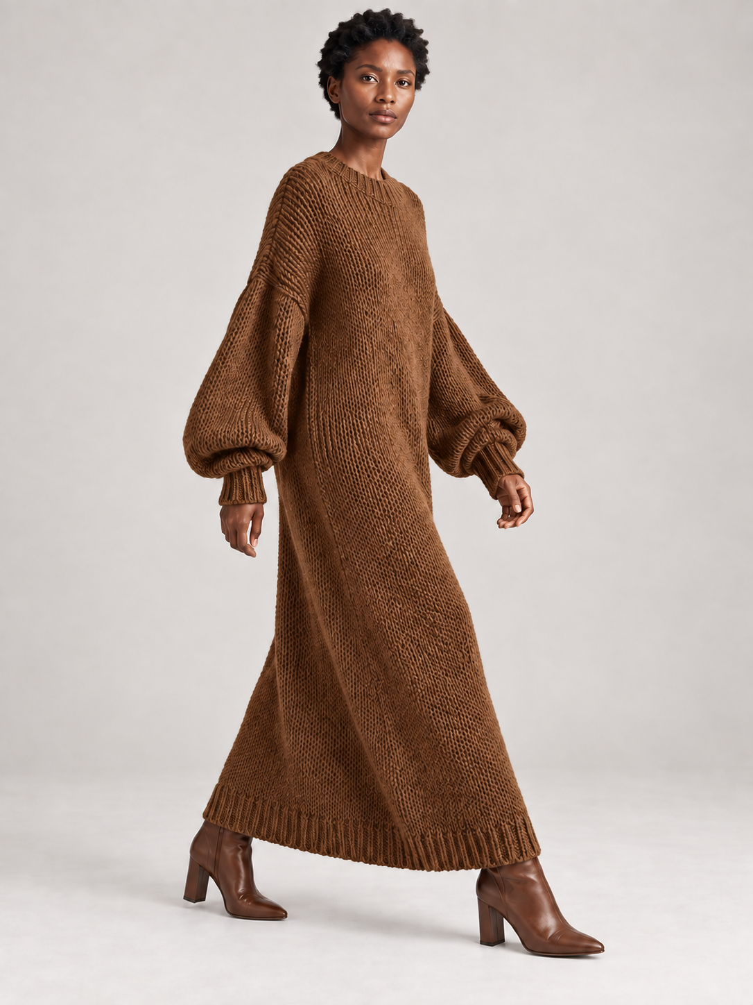 Oversized Knit Maxi Dress — brown — 03-side-movement