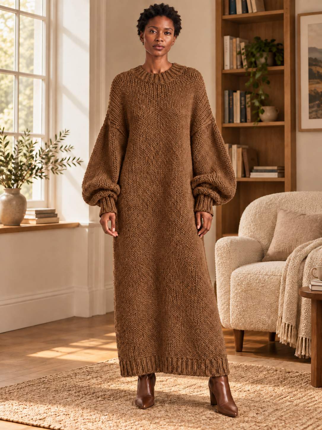Oversized Knit Maxi Dress — brown — 05-lifestyle