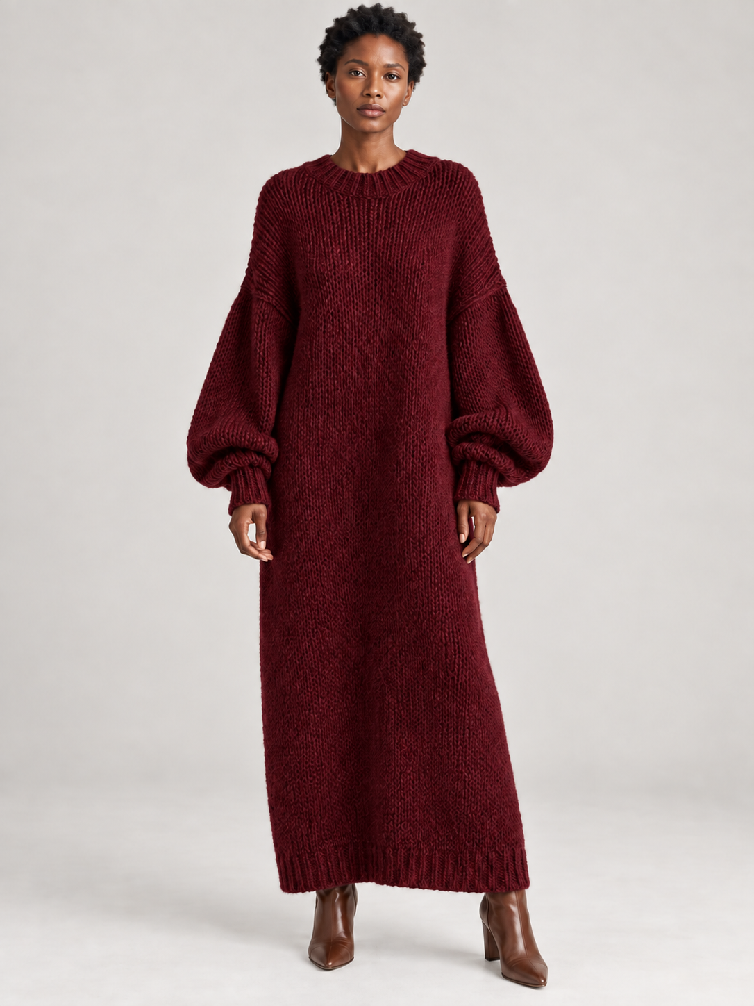Oversized Knit Maxi Dress — burgundy — 01-front