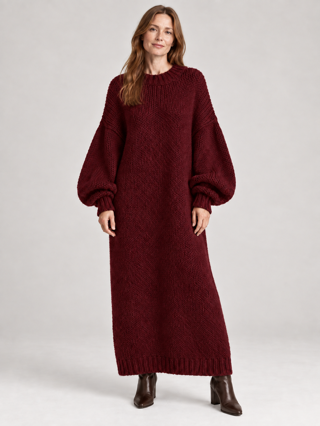 Oversized Knit Maxi Dress — burgundy — 01b-second-model
