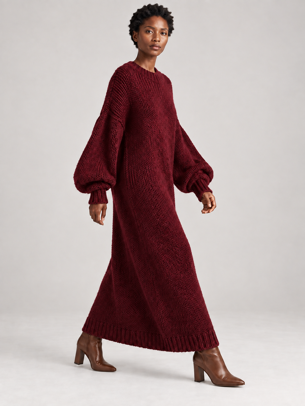 Oversized Knit Maxi Dress — burgundy — 03-side-movement
