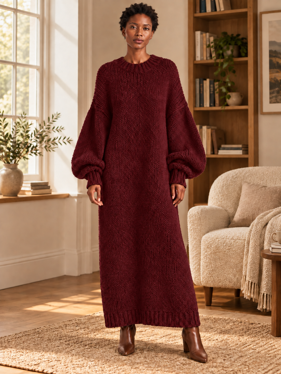Oversized Knit Maxi Dress — burgundy — 05-lifestyle