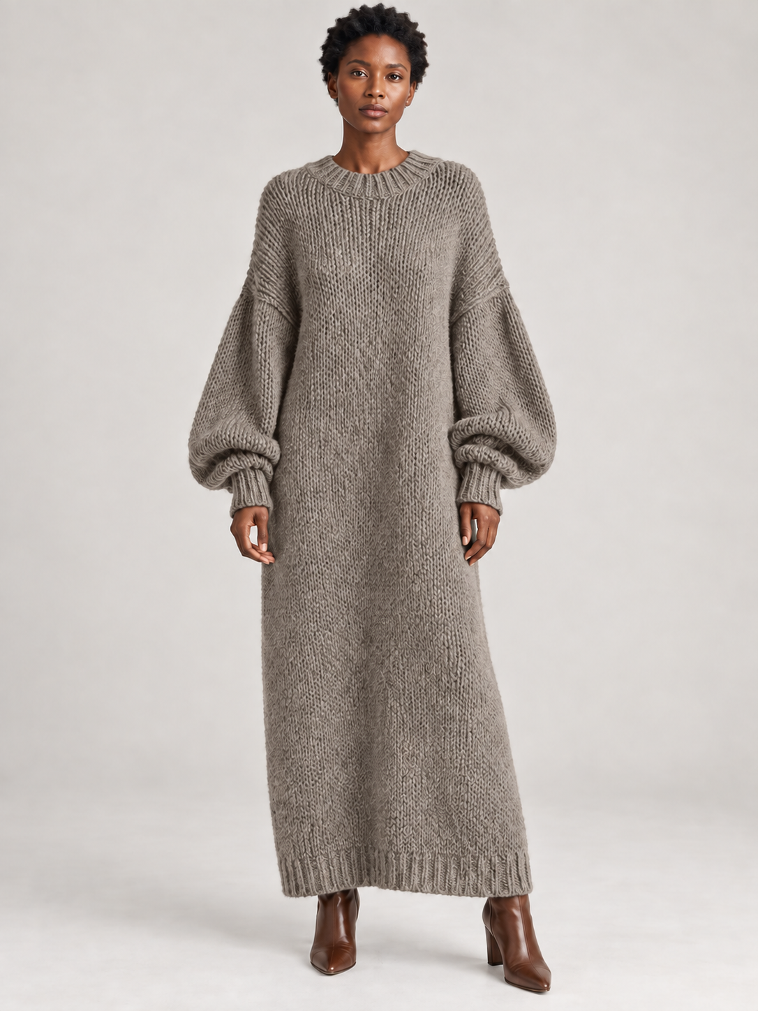 Oversized Knit Maxi Dress — grey — 01-front