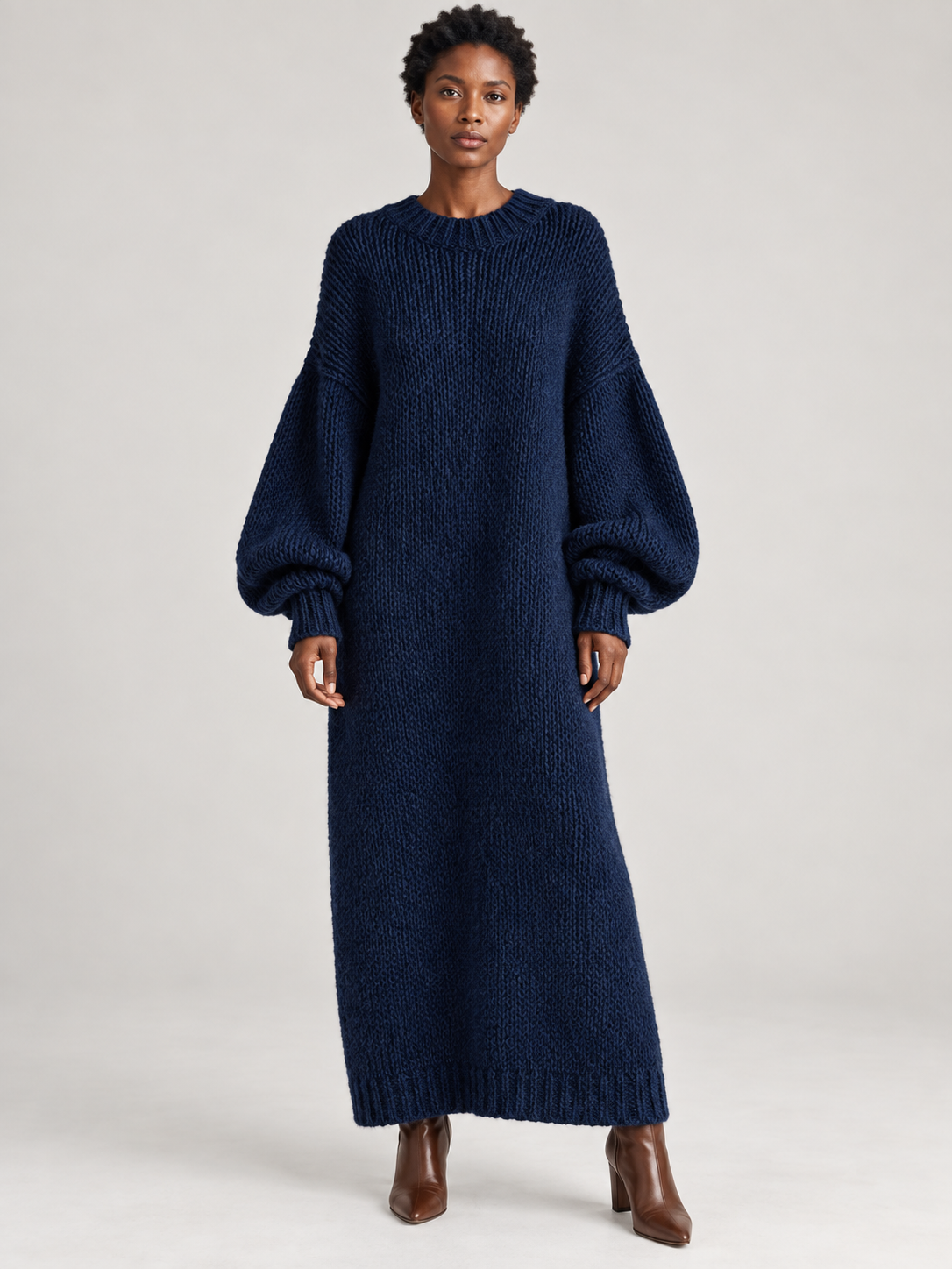 Oversized Knit Maxi Dress — Navy — 01-front
