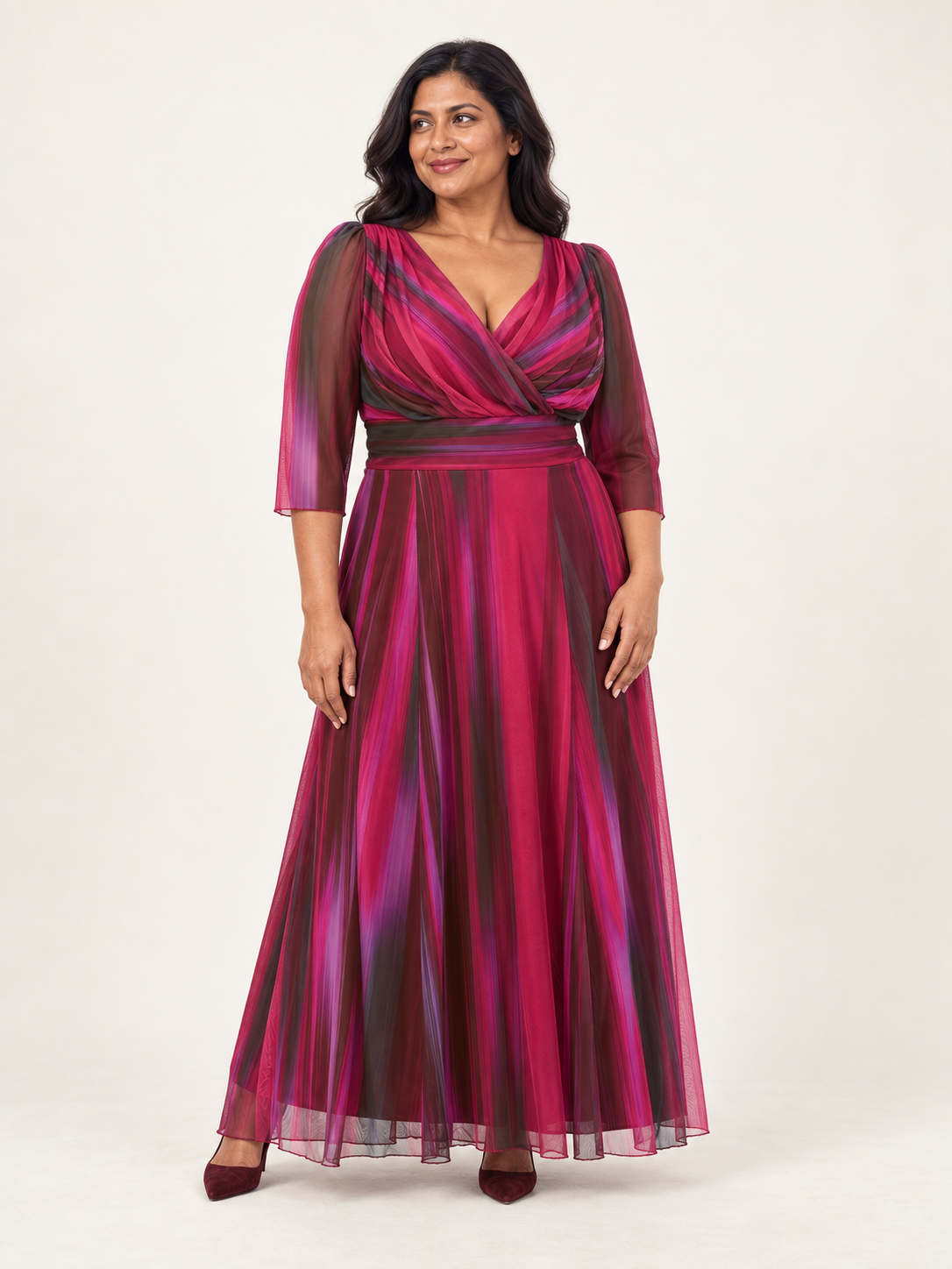 Wine ikat maxi dress, front view