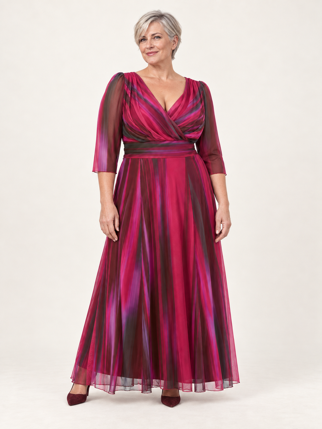 Wine ikat maxi dress, front view on second model