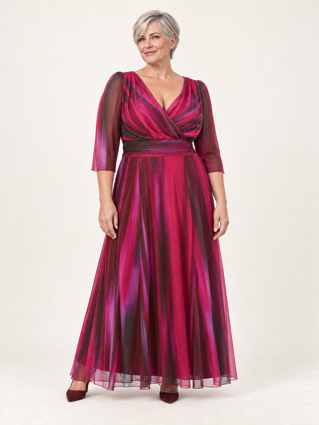Wine ikat maxi dress, front view on second model