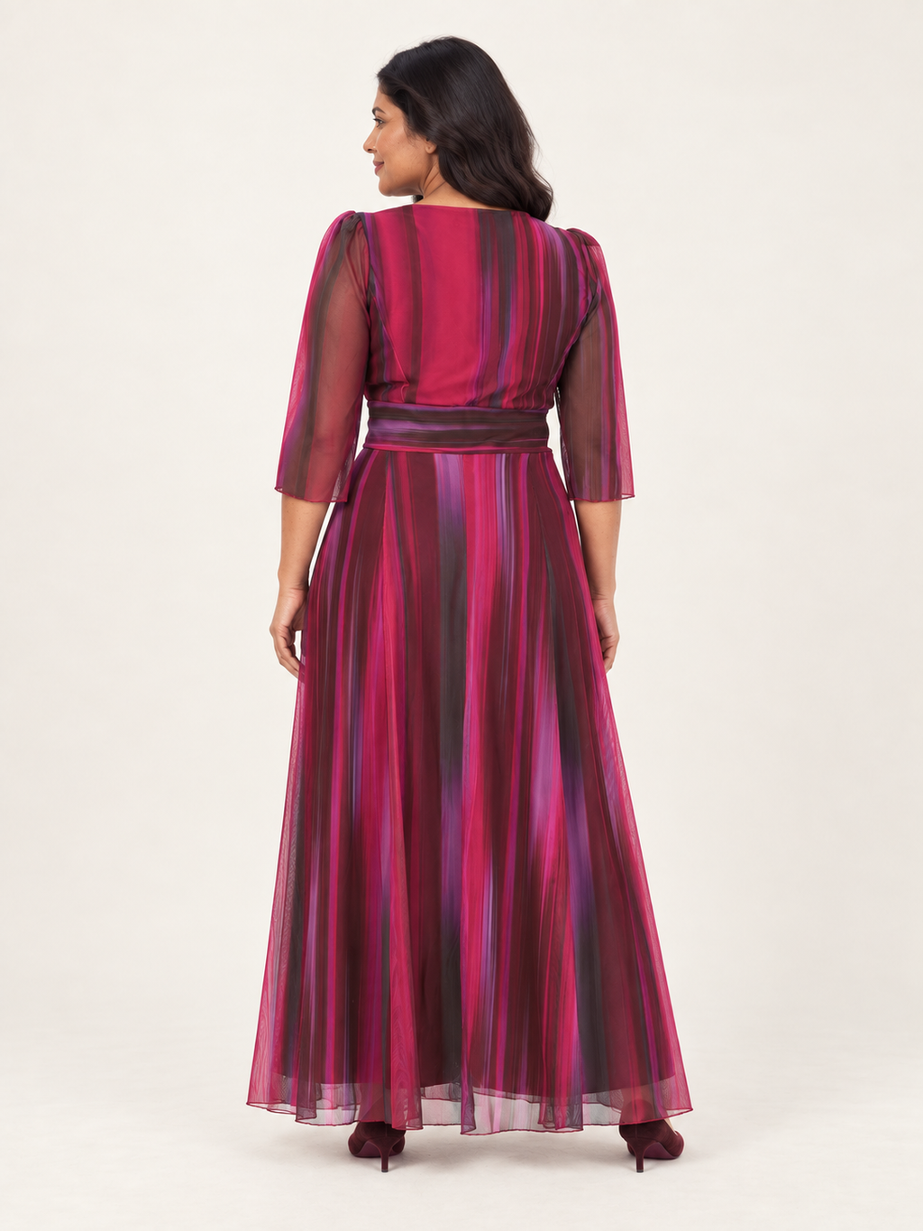 Wine ikat maxi dress, back view