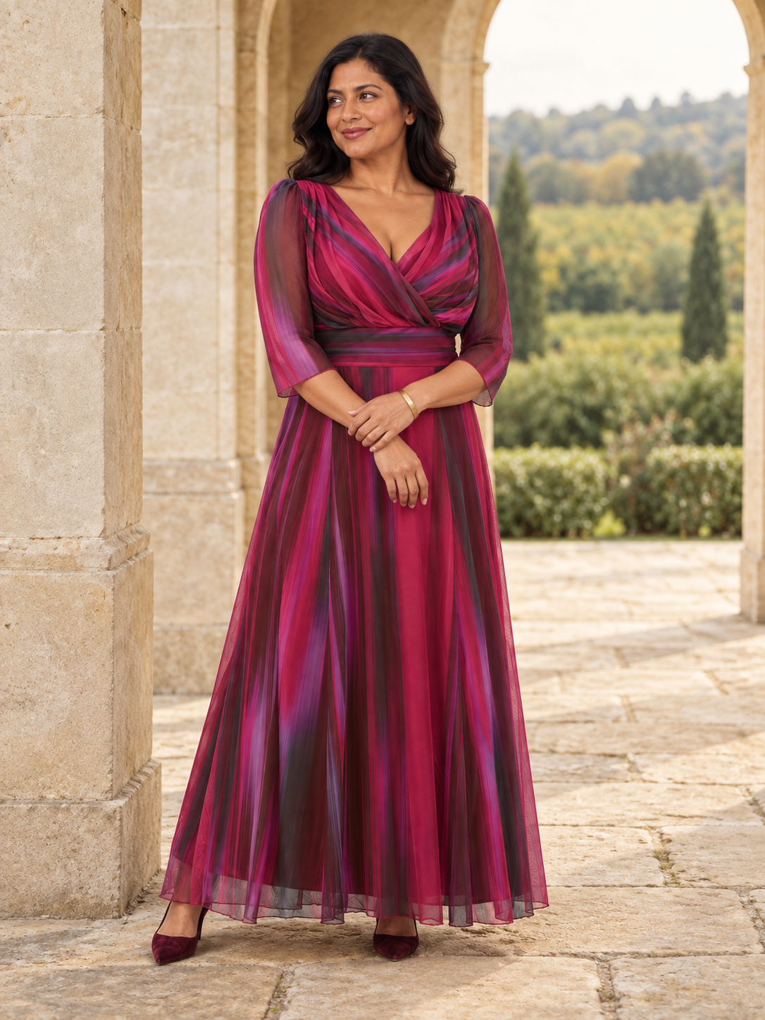 Wine ikat maxi dress, lifestyle view