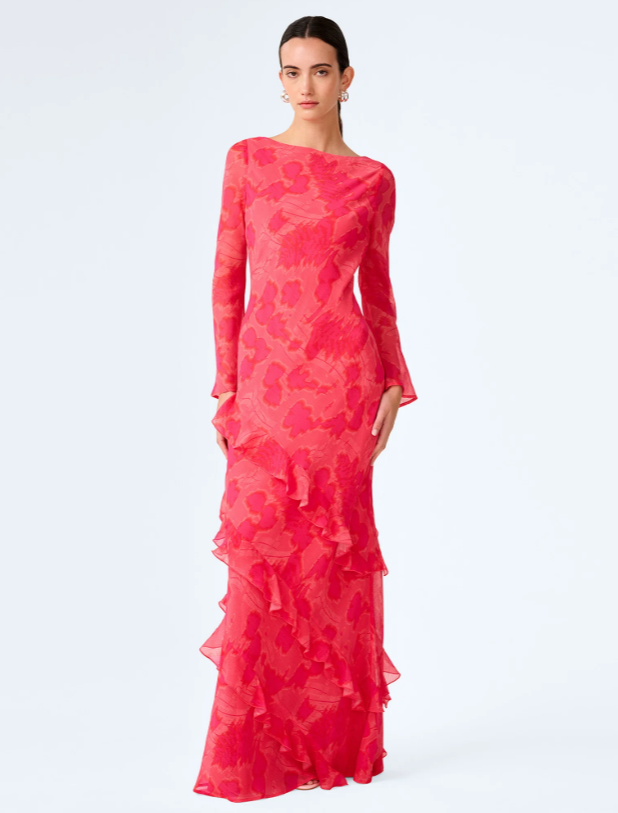 Women's Hot Pink Floral Maxi Dress — Sunset Blur Chiffon